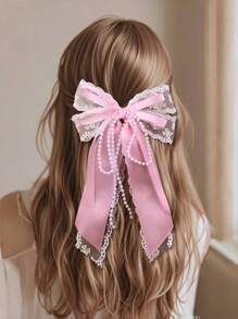1 件女孩用丝带和珍珠蝴蝶结发夹爪 - 彩色 - 查看 2