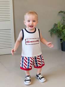 Toddler Baby Boy 4th Of July Outfit American Flag Embroidery Crew Neck Sleeveless Tank Tops And Shorts 2 Pcs Set Little Kids Fourth Of July Clothes - Blue - View 4