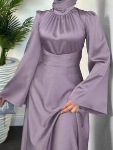 上衣春季新款修腰纯色长袖连衣裙配腰带，女士优雅连衣裙，优雅缎面复古连衣裙，端庄