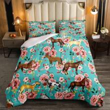 Kids Horse Bedding Set Chic Retro Floral Bedding Comforter Set For Girls Teens Galloping Horse Printed Comforter 3D Wild Farm Animal Duvet Set Bedroom Decor Quilt Set 2Pcs Twin Size, Green Pink