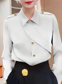 Plus Size Women Casual Button Up Shirt - White - View 1