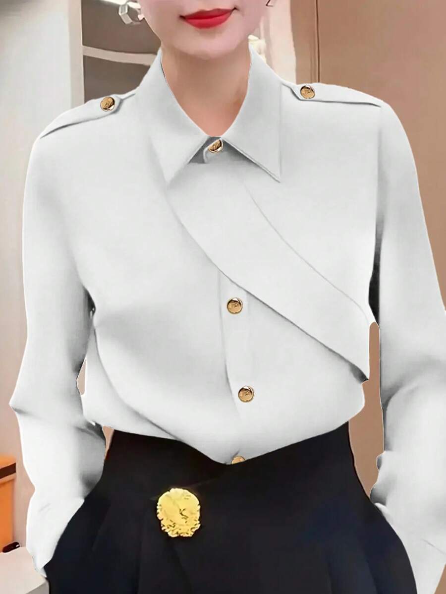 Plus Size Women Casual Button Up Shirt - White - View 1