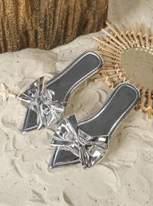 New Gold Women's Casual Bohemian Flat Sandals, Versatile Beach Slippers, Simple Comfortable Vacation Party Soft Sole Non-Slip Plus Size Pointed Toe Flip Flops - Silver - View 3