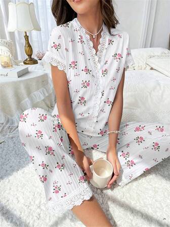 Elegant Cherry Print Women's Pajama Set - V-Neck Lace Trim Top & Slim Fit Pants, Cozy Polyester Blend Two Pieces Sets Outfit