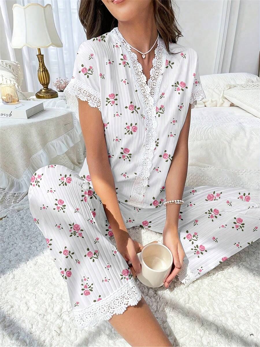 Elegant Cherry Print Women's Pajama Set - V-Neck Lace Trim Top & Slim Fit Pants, Cozy Polyester Blend Two Pieces Sets Outfit - White - View 1