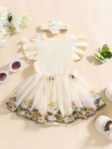 Baby Girl Dress Romper Newborn Romper Dress Flowers Embroidery Tulle Skirt Infant Girl Summer Clothes With Headband 2Pcs - 杏色 - 查看 4