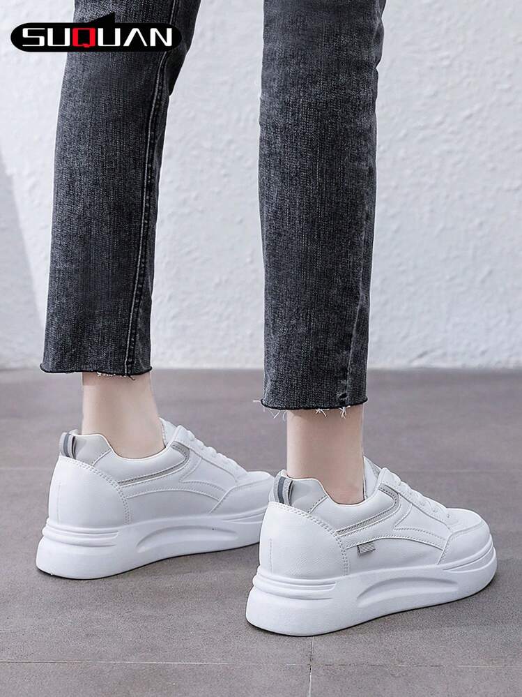 Baskets décontractées pour femmes, chaussures de sport mode, chaussures blanches basses à lacets, chaussures de course sport outdoor, petites chaussures blanches pour dames - Gris - Voir 5