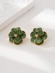 1 Pair Fashionable Floral Stud Earrings For Women, Suitable For Daily Wear - Green - View 5
