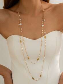 2件套法式时尚仿珍珠长项链，女士派对聚会配饰，优雅珠宝 - 長項鍊 - 查看 1