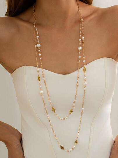 2件套法式时尚仿珍珠长项链，女士派对聚会配饰，优雅珠宝