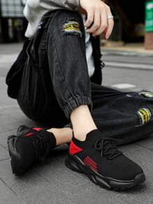 Men's Contrast Color Mesh Breathable Low-Top Cushioned Casual Sneakers, Street Style With Front Laces, Suitable For Outdoor, Commute, Couple Sports