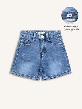 Small Boy Dark Wash Denim Shorts, Simple 5-Pocket Design With Adjustable Elastic Waist, Distressed Details, Casual Fitted Shorts