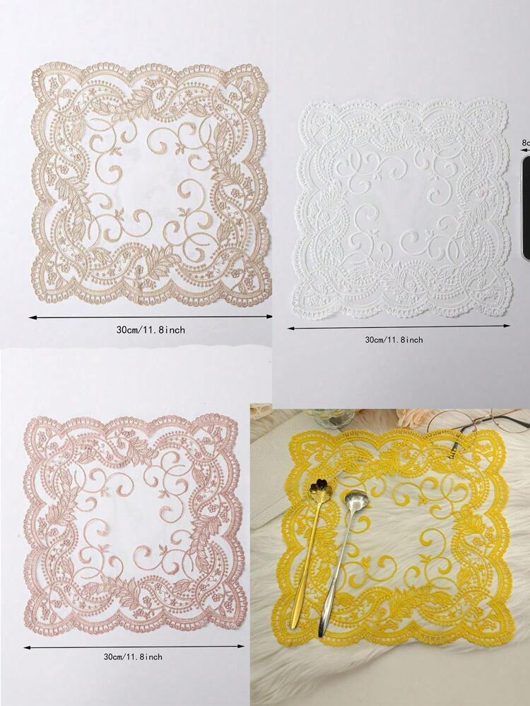 1pc/4pcs New Lace Placemats, Suitable For Kitchen, Dining Room, Living Room, Tablecloth Decor, Teapot Decor, Square Floral Embroidered Mesh, Heat-Resistant, Scratch-Resistant, Dust-Proof, Applicable For Wedding, Party, Gift, Birthday, Christmas