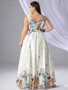 Plus Size Floral Print Bridesmaid Dress, Featuring Spaghetti Strap Design, Perfect For Party Wear Wedding Vacation Spring - Apricot - View 3