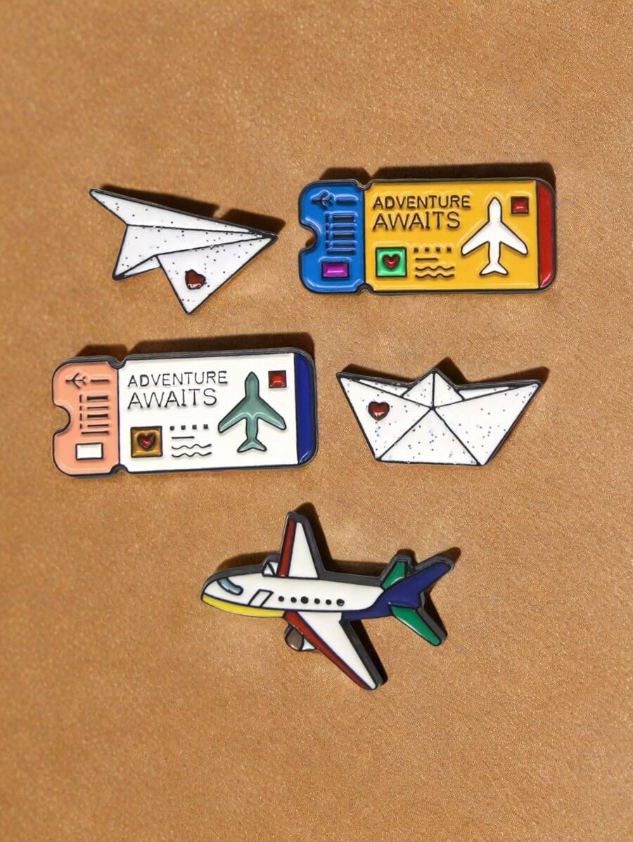 5pcs/Set Cartoon Airplane Ticket Lapel Pins, Childhood Paper Airplane, Decoration For Clothes, Backpacks, Hats, Gift For Friends & Students - Multicolor - View 1