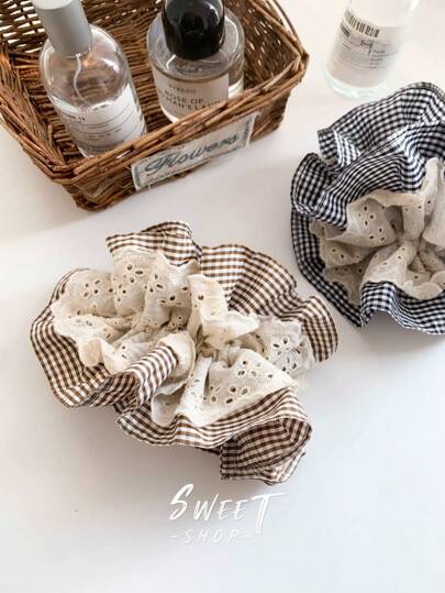 1个法式柔软四层蕾丝千鸟格纹发圈，优雅时尚发饰，适合日常佩戴，发饰，发圈，马尾辫发圈，头饰，弹性发带