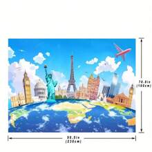 1pc World Map & Landmark Background, Polyester Party Decor Fabric, Versatile Indoor/Outdoor Photobooth Backdrop, No Power Needed, World Map Wall Decor - 1 - View 3