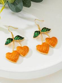 1 Par de Pendientes con Colgante en Forma de Cereza y Corazón de Gota de Aceite, Estilo Dulce y Lindo para Mujer