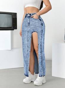 Women's Solid Color Simple Casual Split Hem Denim Skirt