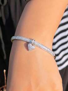 1pc Sparkling Micro Pave Cubic Zirconia Dangling Heart Shape Charm Open Bangle Bracelet For Women, Daily Engagement Wedding Party Jewelry Accessories