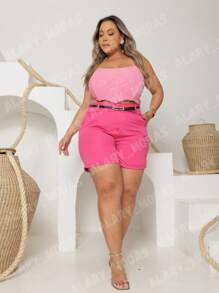 Plus Size Tailored Shorts With Elegant Belt Summer - Hot Pink - View 2