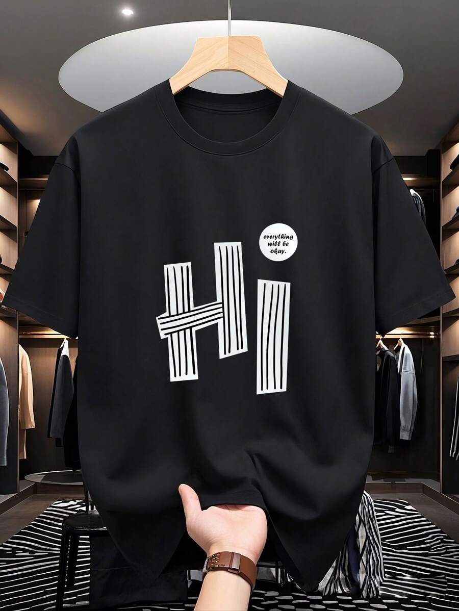 Camiseta de manga corta casual con estampado de letras para hombres, primavera/verano - Negro - Ver 1
