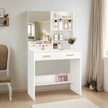 HEXCELEN Dressing Table With Mirror, Dressing Table With 4 Open Storage Compartments And 2 Compartments, Dressing Table With 2 Drawers, For Bedroom, Living Room - trắng - Xem 3