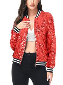 Chaqueta de manga larga con cremallera frontal y puños acanalados, con lentejuelas, para mujer, ideal para fiestas - Rojo - Ver 4