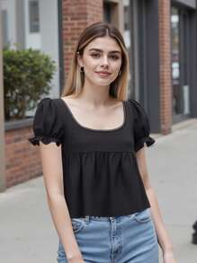 Women Short Sleeve Shirts Solid Color Square Neck Blouses Summer Fashion Casual Tops Streetwear