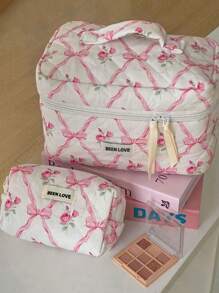 1Pc/Set Bow Knot & Rose Design Quilting Cosmetic Bag, Fashionable Portable Makeup Bag, Multi-Functional Storage Bag For Lipstick, Sanitary Napkin, Coins, Keys Etc, Large Capacity Lovely Wash Bag For Travel Organizer Cosmetic Bag For Travel, Mother's Day Gift, Valentine's Day, Anniversary. Summer Travel, Vacation Home Bathroom Decor Holiday Makeup Organizer Bathroom Accessories Back To School