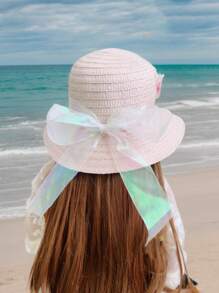 1pc Girls Butterfly Pattern Sun Hat, White Summer Wave Beach Hat For Kids - Pink - View 4