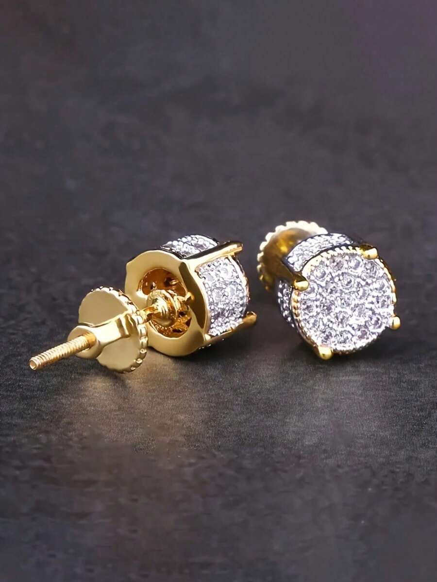 1 Pair Of Luxurious Retro S925 Sterling Silver Hip-Hop Men'S Earrings With Synthetic Zirconia Micro Inlaid 14k Gold Plated Round Earrings Suitable For Daily Party Wear