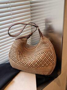 Yogodlns Large Capacity Women Tote Bag Solid Color Woven Shoulder Pack Beach Vacation Female Versatile Handbags Women Hollow Shoulder Bag Adjustable Strap Straw Weaving Travel Handbag Fashion Tote Ladies Summer Daily Bag, Straw Bag - Khaki - View 8