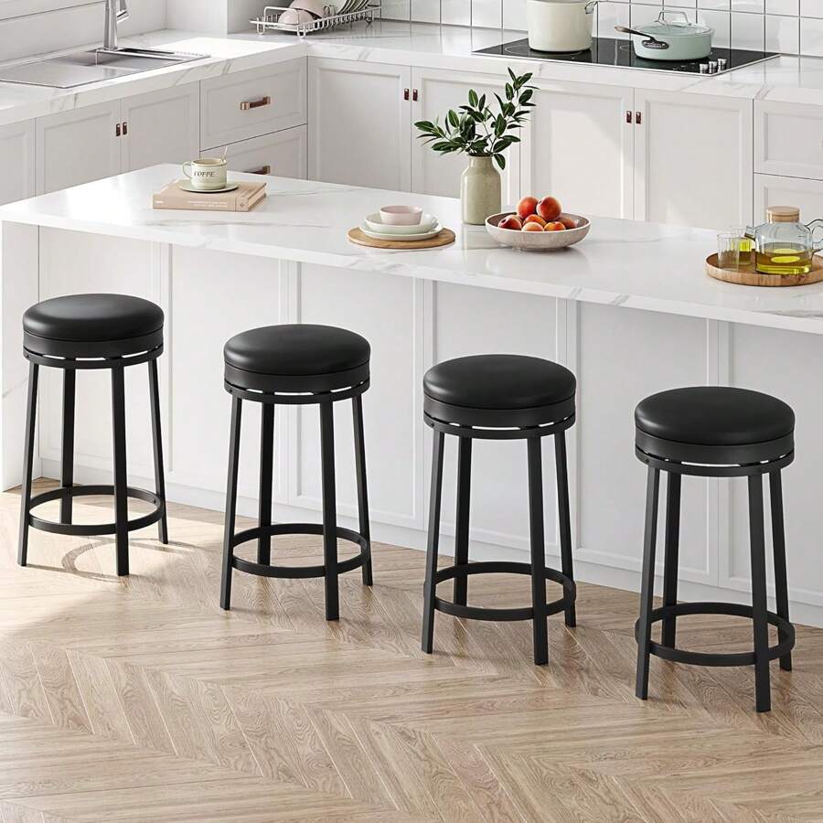 CuisinSmart 24'' Swivel Bar Stools With Footrest Set Of 2,Modern Counter Height Barstools,Industrial PU Leather Upholstered Chairs,Backless Round Bar Stools For Kitchen Island
