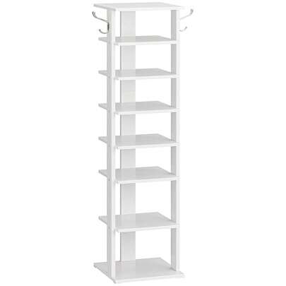 Zapatero vertical de 8 niveles, organizador de zapatos de madera con ganchos, torre de zapatos estrecha para 8 pares, ahorro de espacio, para entrada, sala de estar, dormitorio