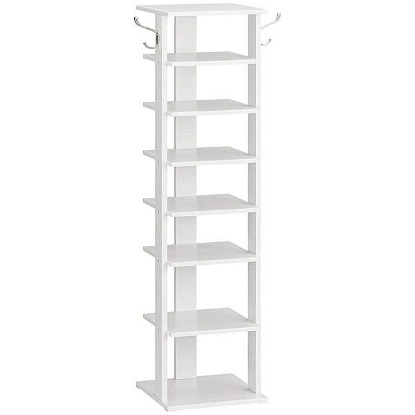 Zapatero vertical de 8 niveles, organizador de zapatos de madera con ganchos, torre de zapatos estrecha para 8 pares, ahorro de espacio, para entrada, sala de estar, dormitorio