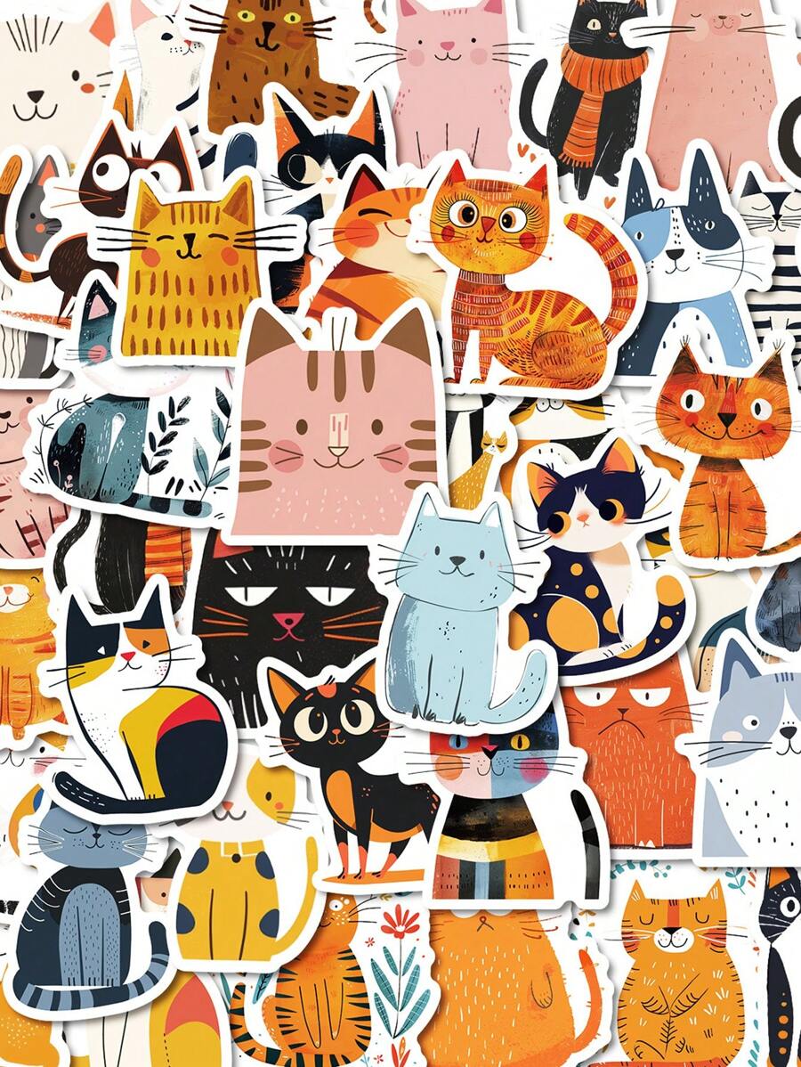 50pcs Cute Cartoon Cat Stickers - DIY Decoration, PVC Stickers, Suitable For DIY Scrapbook, Laptop, Water Bottle, Etc. - Reusable, Assorted Shapes And Colors, Perfect For Spring And Summer