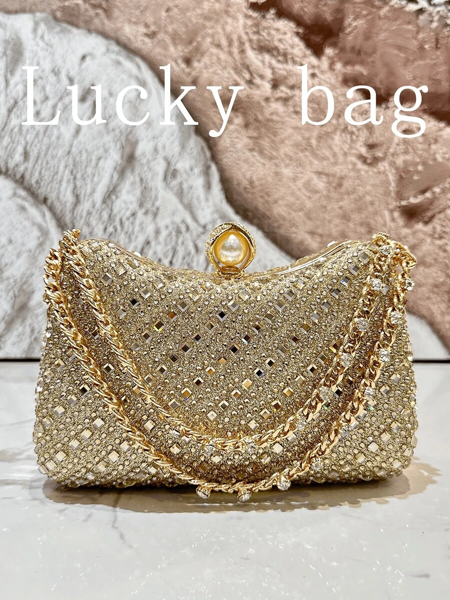 1件奢华闪亮金色水钻女士晚宴手拿包，女士派对舞会婚礼钻石优雅手提包，带链条，完美适用于派对、婚礼、舞会、宴会/盛会