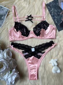Pink PetitDoll Women's Contrast Lace Bra & Thong Lingerie Set - Pink - View 2