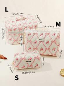 1Pc/Set Bow Knot & Rose Design Quilting Cosmetic Bag, Fashionable Portable Makeup Bag, Multi-Functional Storage Bag For Lipstick, Sanitary Napkin, Coins, Keys Etc, Large Capacity Lovely Wash Bag For Travel Organizer Cosmetic Bag For Travel, Mother's Day Gift, Valentine's Day, Anniversary. Summer Travel, Vacation Home Bathroom Decor Holiday Makeup Organizer Bathroom Accessories Back To School