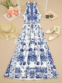 New Porcelain Pattern Halter Waist A-Line Elegant Dress, Spring/Summer