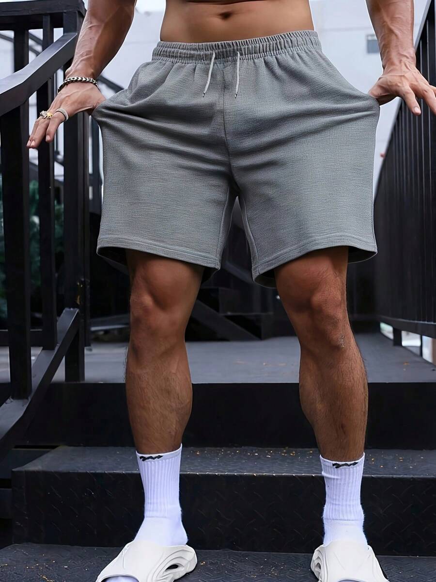 1 pieza Pantalón corto de running de unicolor hasta la rodilla para hombre, Bottom para deportes y fitness - Gris - Ver 1