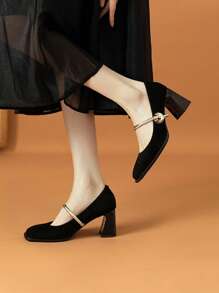 2025 New Spring Retro Chunky Heel Mary Jane Shoes Strap Buckle Closure Square Toe Pumps For Women