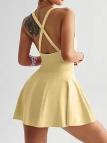 TCVC Women Seamless Knit Sports Dress, Criss-Cross Racerback, Sleeveless Square Neck Tennis Dress, Indoor And Outdoor Sports Yoga, Skin-Friendly Fabric, Bodycon Shaping - 黃色 - 查看 3