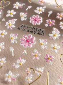 2 Pieces Of Spring And Summer Hot Stamping Flower Heart-Shaped Relief Nail Art Stickers - Gold, Pink, White Flowers, Hollow Heart-Shaped Flower Art Design, 5d Relief Technology, Suitable For Women's Disposable Self-Adhesive Back Adhesive Nail Art Stickers, Spring And Summer Fresh And Simple Hot Stamping Flower Theme Style, Easy To Stick Nail Decoration Stickers