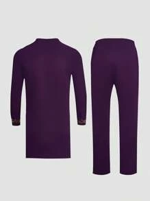 2 peças/Conjunto Camisa de Manga Longa com Gola Careca e Estampa Dashiki Roxa e Calça com Cintura Elástica, Conjunto Casual, Estilo de Rua, Adequado para Festa, Encontro, Casamento, Novidade