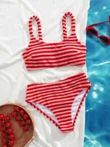 2pcs Sweet & Cute Style Women Bikini Set, Striped Stretchy Towel Fabric Soft & Comfortable Swimwear - Red - View 1