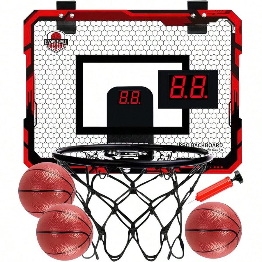 Canasta de Basquetbol para Niños Plegable, Tablero de Basketball con Contador Electrónico De Puntaje, Aro, 3 Mini Balón, para Puerta y Pared Juegos Exteriores para Niños Profesional - 1 - Ver 1