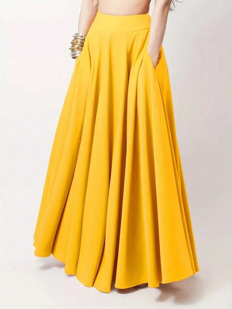 Plus Size Women's Long A-Line Skirt, Minimalist & Fashionable, Suitable For Summer - Yellow - View 1