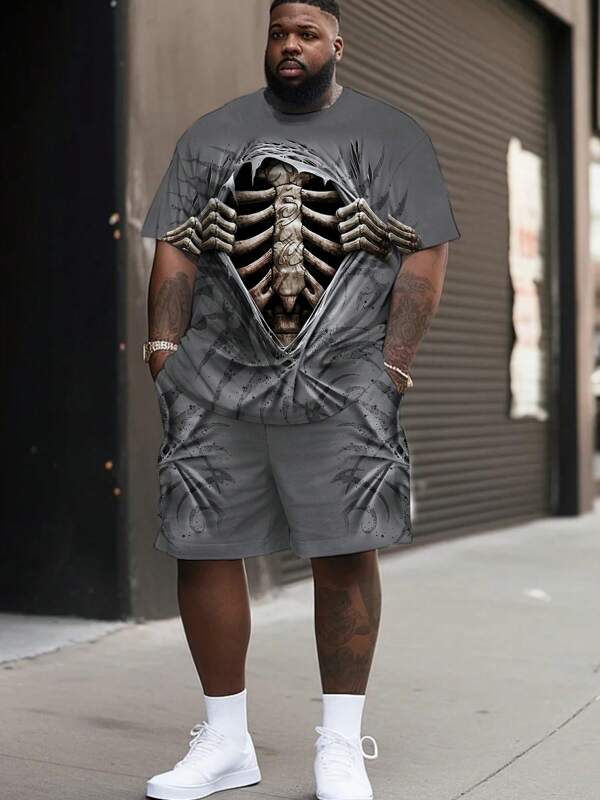1 Set Men's Printed T-Shirt And Shorts Casual Outfits, Suitable For Everyday Casual Style